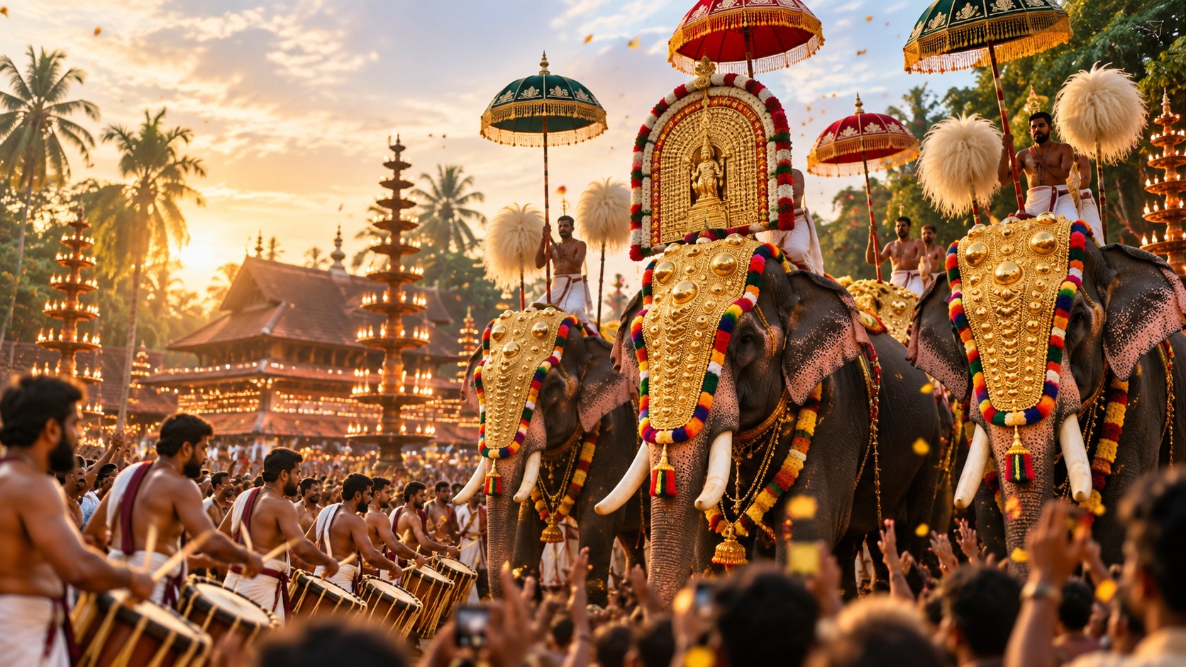 Representative Kerala festival scene inspired by Thrissur Pooram with decorated elephants and traditional percussion