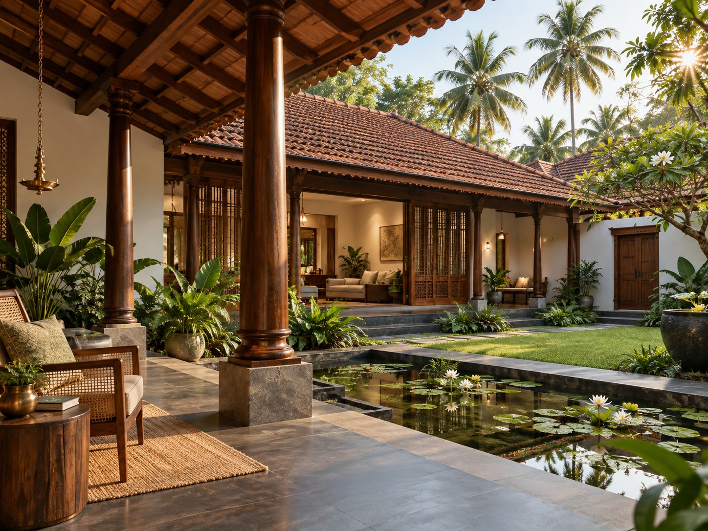 Kerala-inspired tropical home with timber, tiled roof, courtyard and contemporary interiors